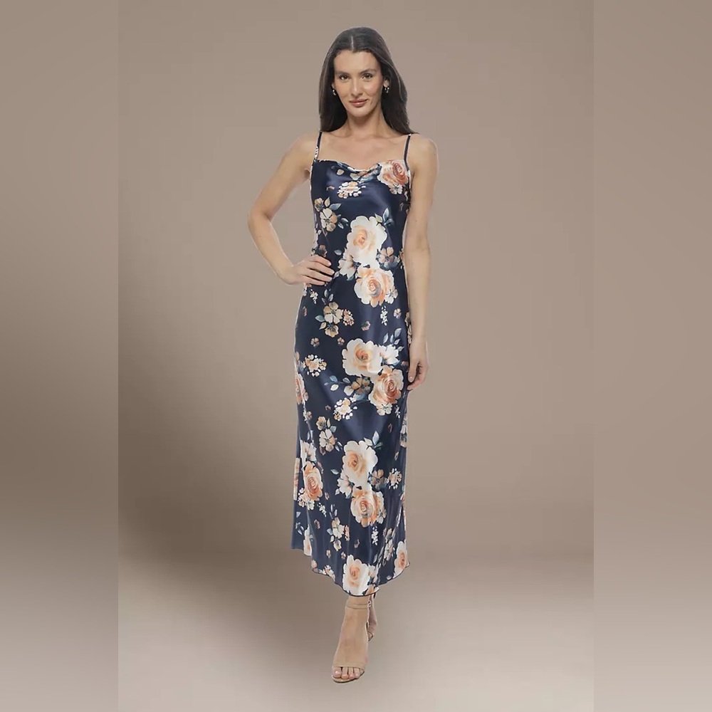 Bebe Floral Print Satin Long Sheath Dress